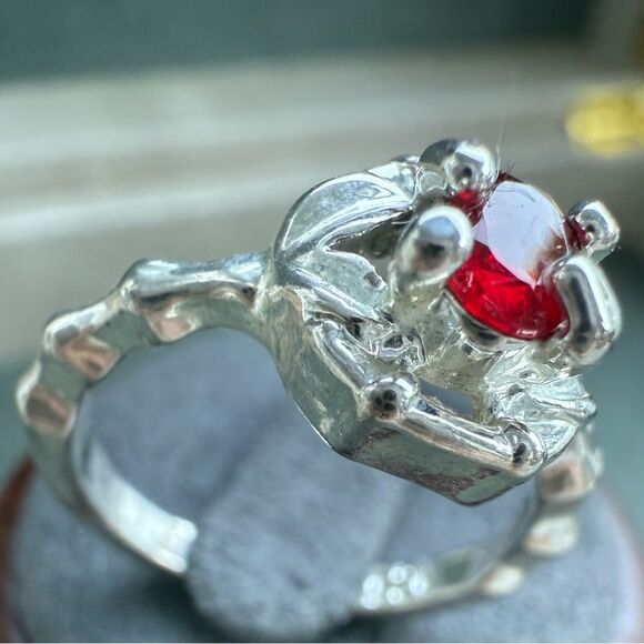 Silver Tone Ring with Bright Red Center Stone & Unique Textured Band - Picture 9 of 16